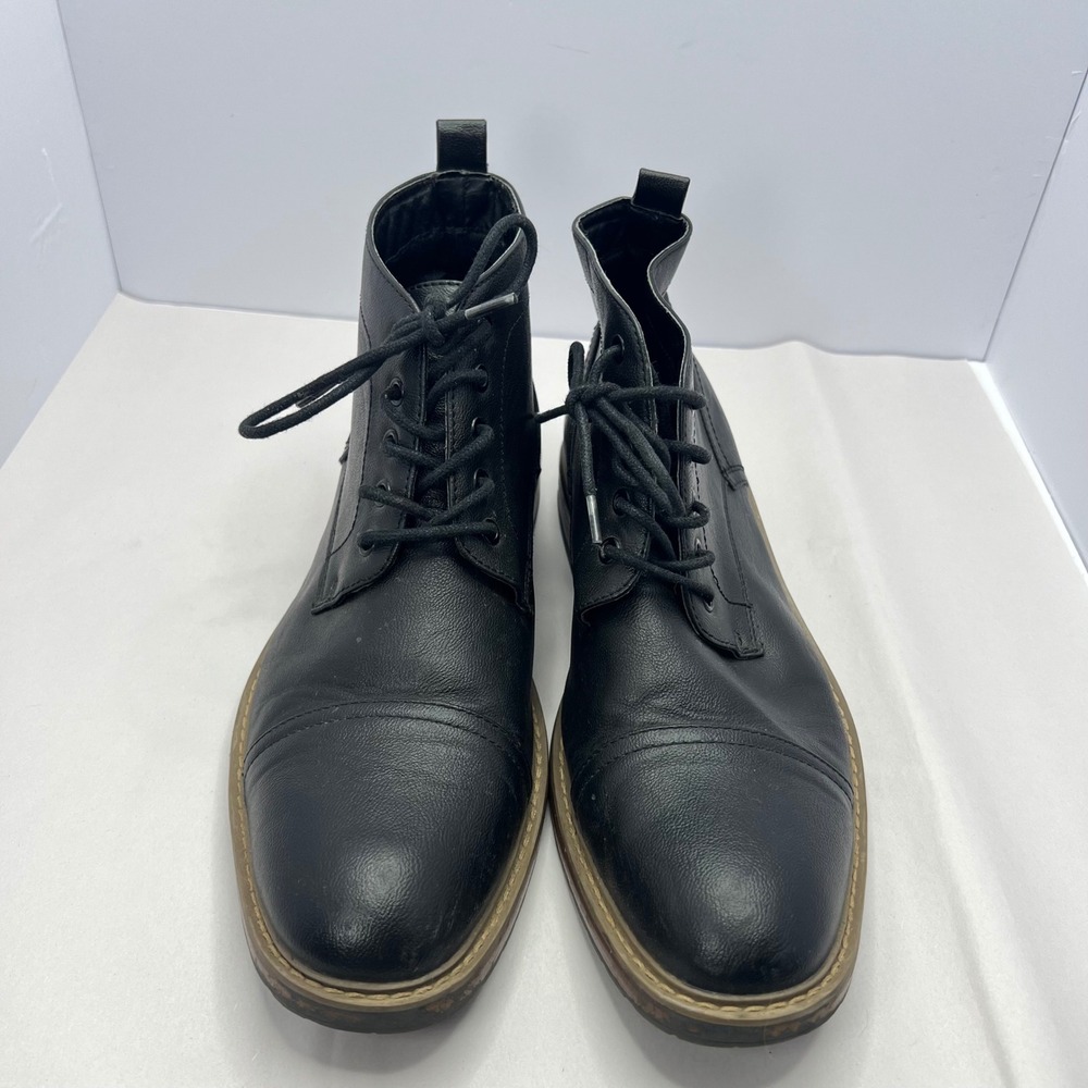 Black Lace Up Ankle Boots Mens 10.5 Cap Toe Mid Top Faux Leather Grunge Goth - Picture 2 of 10